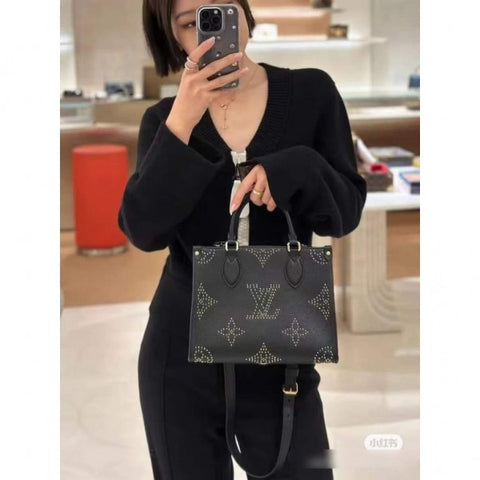 Louis Vuitton LV M46733 On the Go Premium Leather Tote Bag with OG Double Magnetic Box & Dust Bag (Black - 647)