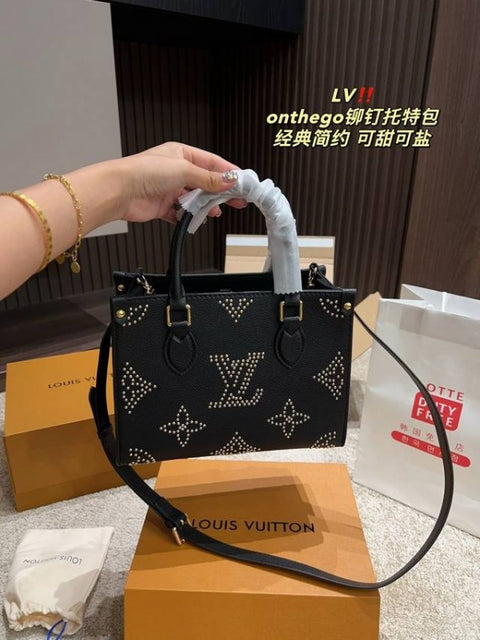 Louis Vuitton LV M46733 On the Go Premium Leather Tote Bag with OG Double Magnetic Box & Dust Bag (Black - 647)