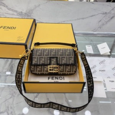 Fendi Baguette Jacquard FF fabric Bag Brown With box 679