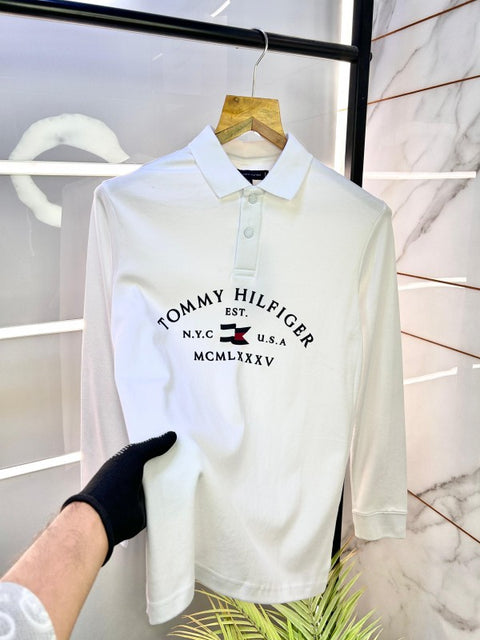 Tommy Hilfiger White Full Sleeves Polo Neck Premium Collar T-shirt