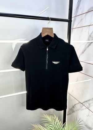 Aston Martin Hacket Zipper Navy Metal Logo Premium Collar Neck T-shirts