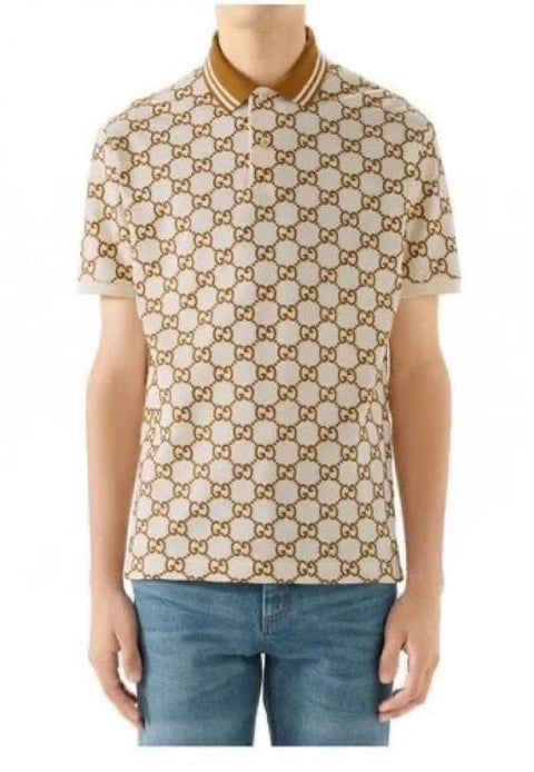 Gucci Beige Monogram Print Imported Polo T-Shirt